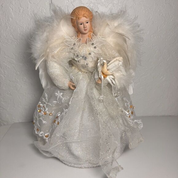 Angel Tree Topper Christmas White‎ with Beads Tulle Feathers 12 In - Picture 1 of 11